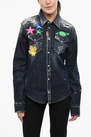 Vintage effect Denim Jacket with Metallic Leather Details