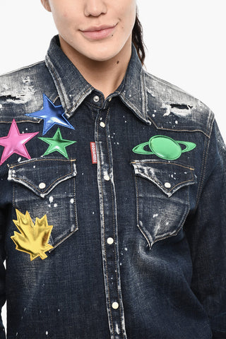 Vintage effect Denim Jacket with Metallic Leather Details