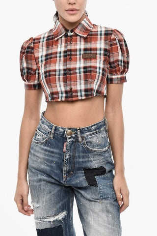 Blusa Crop a Quadri con Logo in Pelle