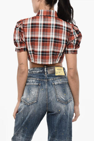 Blusa Crop a Quadri con Logo in Pelle