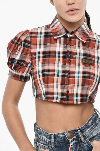 Blusa Crop a Quadri con Logo in Pelle