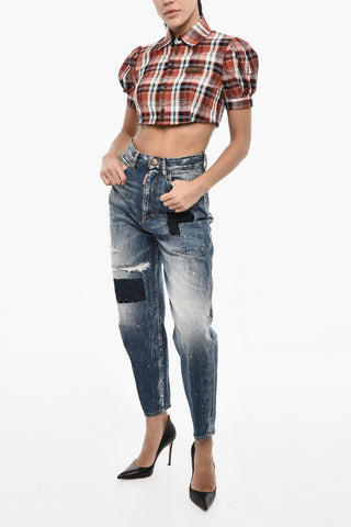 Blusa Crop a Quadri con Logo in Pelle