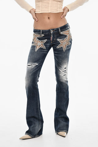 Jeans Boot Cut con Dettagli Sheer e Gioielli