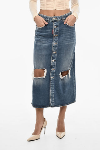 Vintage Effect Denim Longuette with Frontal Buttons