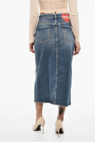 Vintage Effect Denim Longuette with Frontal Buttons