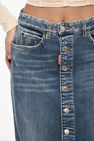 Vintage Effect Denim Longuette with Frontal Buttons