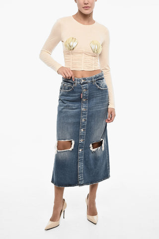 Vintage Effect Denim Longuette with Frontal Buttons