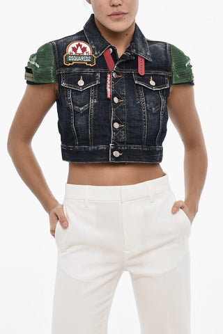 Cropepd Denim Top with Logoed Buttons