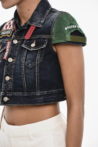 Cropepd Denim Top with Logoed Buttons