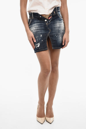 Denim-Minirock im Distressed-Look mit Frontschlitz