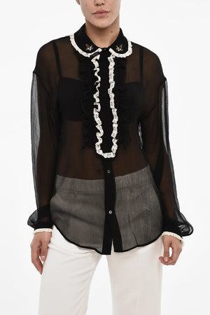 Blusa Trasparente in Seta con Collo Arricciato