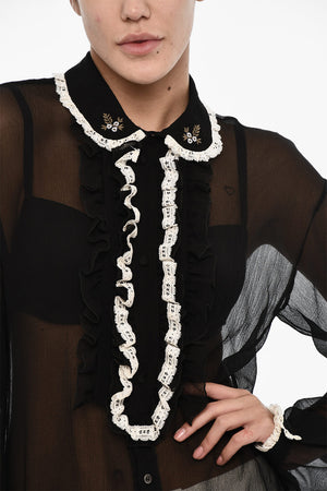 Blusa Trasparente in Seta con Collo Arricciato