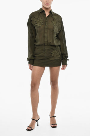 Solid-Color Mini Shirt Dress with Floral Pattern