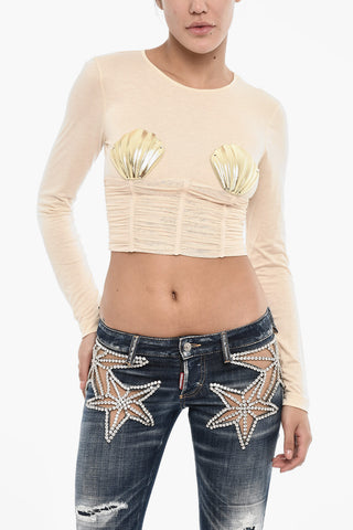 Draped Crop Top with Shell Embellishment