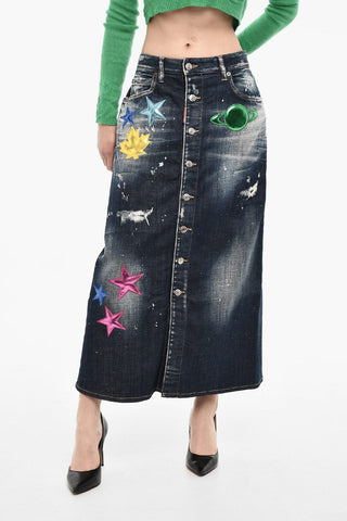 Gonna Maxi In Denim Con Toppe In Pelle Metallizzata