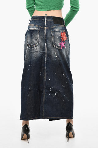 Gonna Maxi In Denim Con Toppe In Pelle Metallizzata