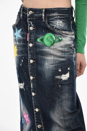 Maxirock aus Denim mit Patches aus metallisiertem Leder