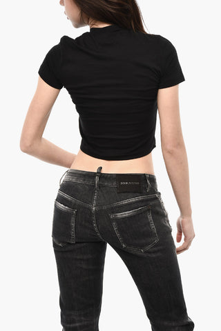 T-shirt Girocollo Crop con Logo a Contrasto