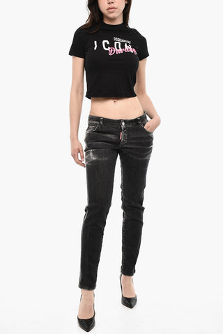 T-shirt Girocollo Crop con Logo a Contrasto