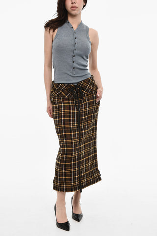 Longuette Wool Skirt with Tartan Pattern and Side Zips