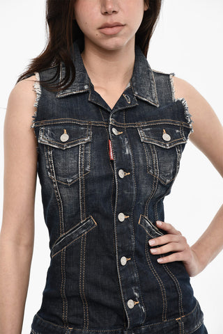 Mini Abito in Denim Senza Maniche con Bottoni Logati