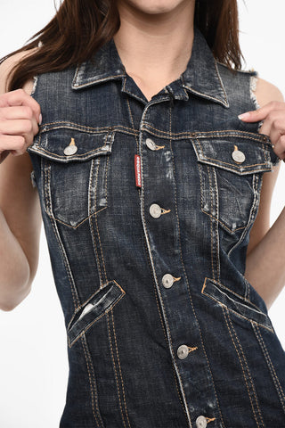 Sleeveless Denim Dress With Raw Cut Bottom
