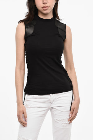 Cotton Lace-Up Top With Vegan Leather Details