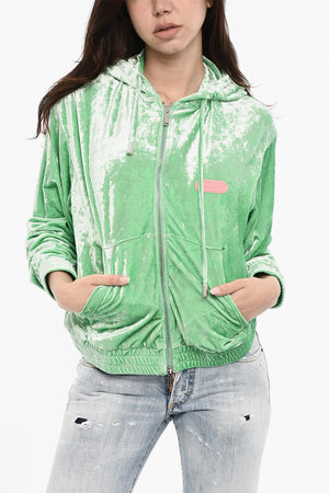 Felpa Hoodie In Velour con Chiusura