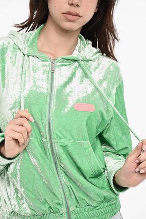 Felpa Hoodie In Velour con Chiusura