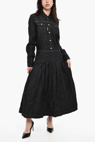 Flared Denim Maxi Dress with Logoed Buttons