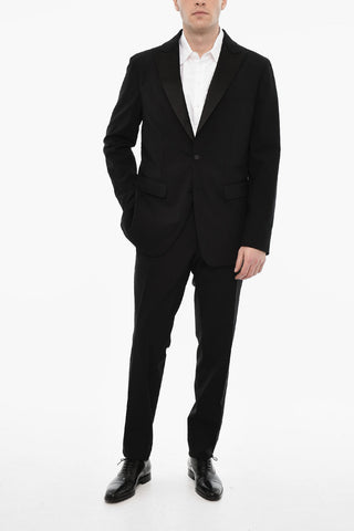 Wool Blend Single Breasted Suit With Satin Lapel