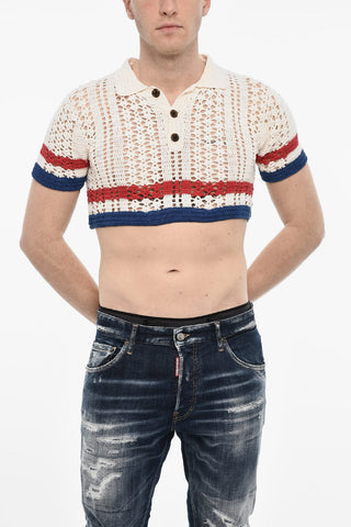 Openwork Cropped Sweater with Polo Neck