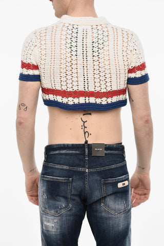 Openwork Cropped Sweater with Polo Neck