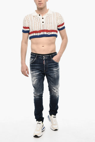 Openwork Cropped Sweater with Polo Neck