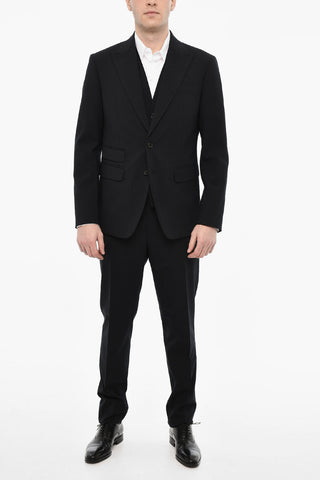 Abito 3 Pezzi Monopetto Gessato Con Tasche Ad Aletta