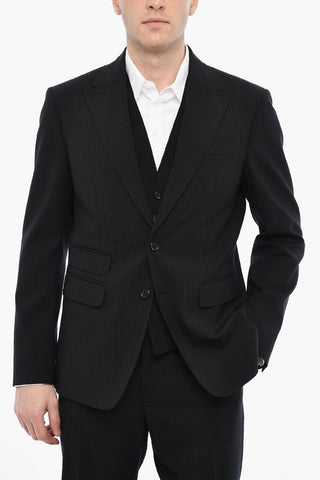 Abito 3 Pezzi Monopetto Gessato Con Tasche Ad Aletta