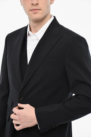 Abito 3 Pezzi Monopetto Gessato Con Tasche Ad Aletta