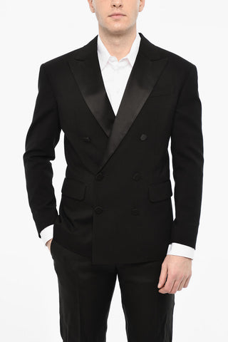 Wool-Blend Double-Breasted Blazer with Satin Peak Lapel