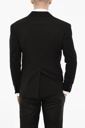 Doppelreihiger Blazer aus Wollmischung mit spitzem Revers aus Satin