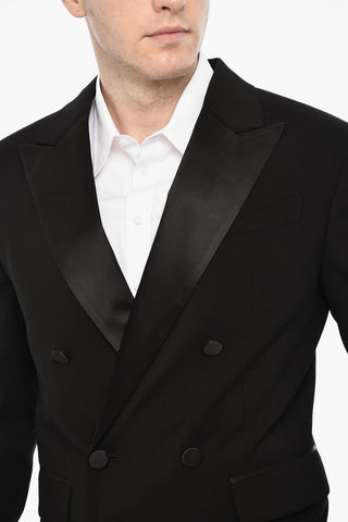 Wool-Blend Double-Breasted Blazer with Satin Peak Lapel