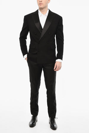 Doppelreihiger Blazer aus Wollmischung mit spitzem Revers aus Satin