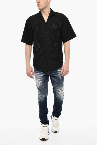 Short-Sleeve Floral-Print Shirt with Strass