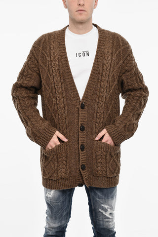 Oversize Fit Cardigan a Trecce con 2 Tasche a Toppa