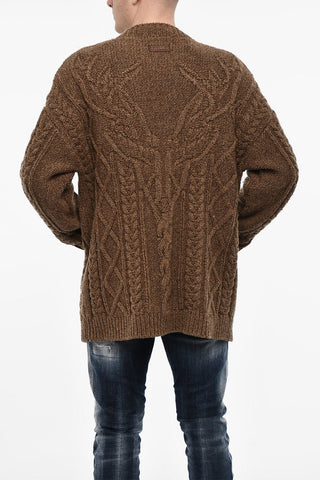 Oversize Fit Cardigan a Trecce con 2 Tasche a Toppa