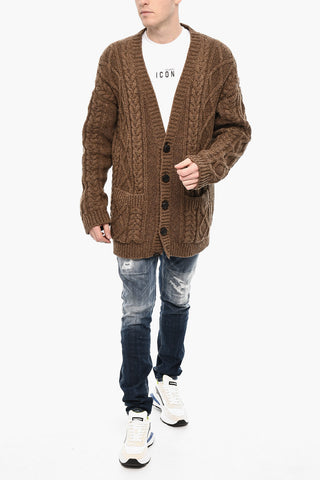 Oversize Fit Cardigan a Trecce con 2 Tasche a Toppa