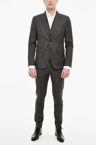 Pinstriped Single Breasted Wool Suit With Peak Lapel