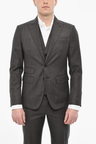 Pinstriped Single Breasted Wool Suit With Peak Lapel