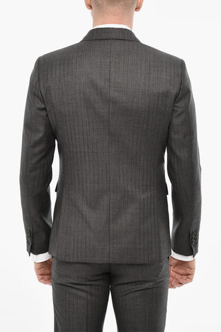 Pinstriped Single Breasted Wool Suit With Peak Lapel