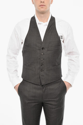 Pinstriped Single Breasted Wool Suit With Peak Lapel