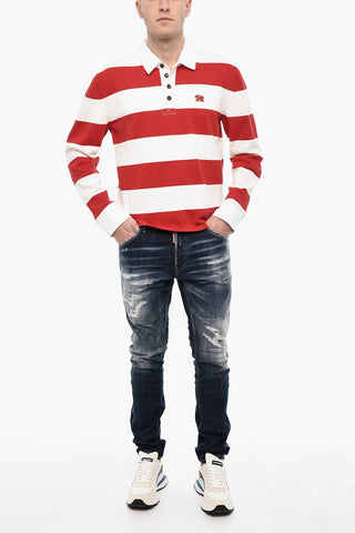 Striped Cotton Sweater with Polo Neck